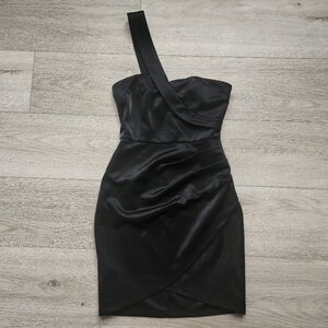 Forever Phenomenal Black One-Shoulder Asymmetrical Mini Dress Womens Xs Metallic